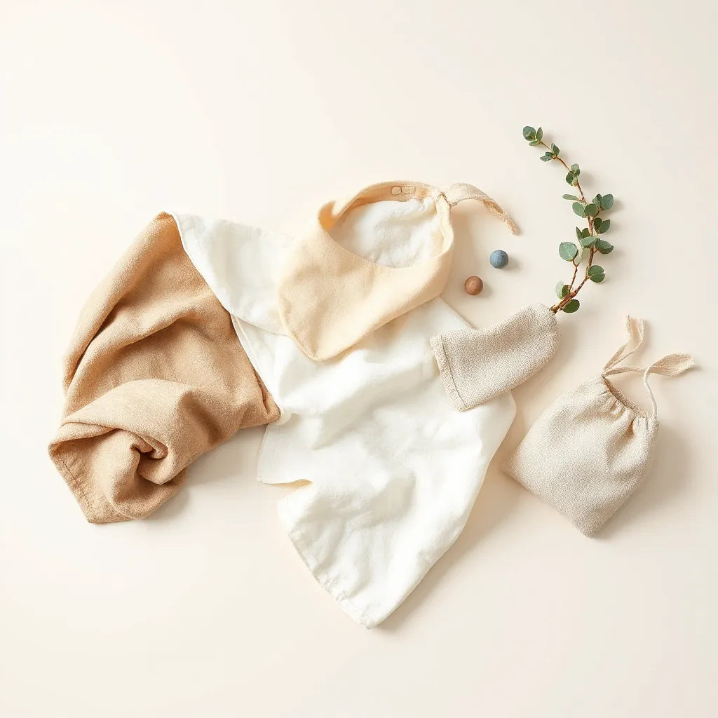 Natural baby accessories arranged neatly, including a muslin swaddle, teether, bib, and soft blanket.