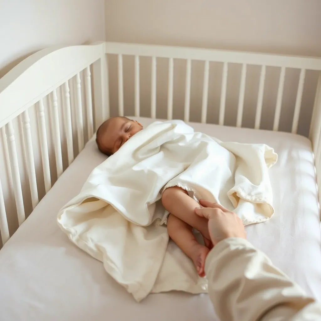 Gently adjusted crib blanket and a calm baby in a softly lit nursery at bedtime