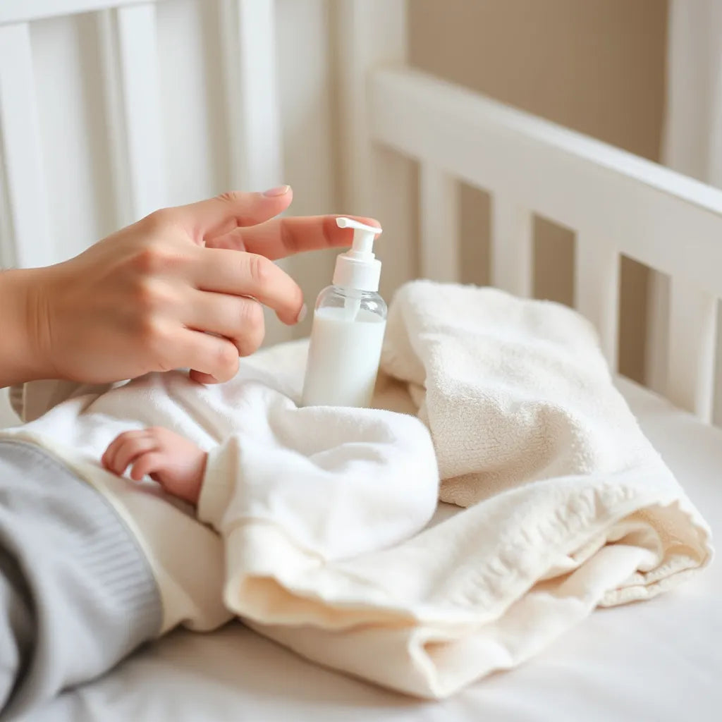 Parent gently moisturizing a baby’s cheek with a soft cloth and baby lotion nearby