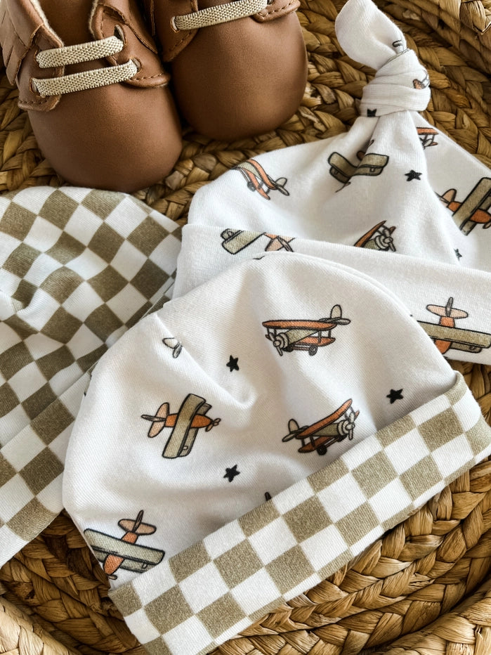 Boho + Babe - Bamboo Baby Hat - Vintage Airplanes - Adventure-Ready Comfort